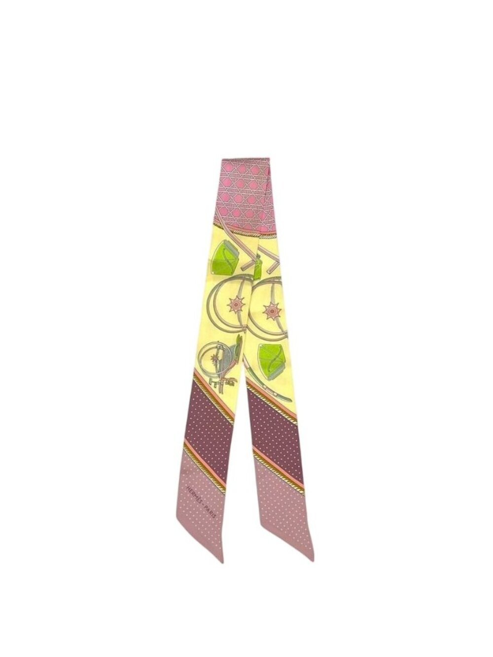 Hermes Ribbon Scarf Twilly Yellow Pink Foldable Top Carriage Already Cleaned - Picture 1 of 6